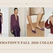 Reformation Fall 2026 collection: velvet dress, violet blouse, satin mules and oxblood bag