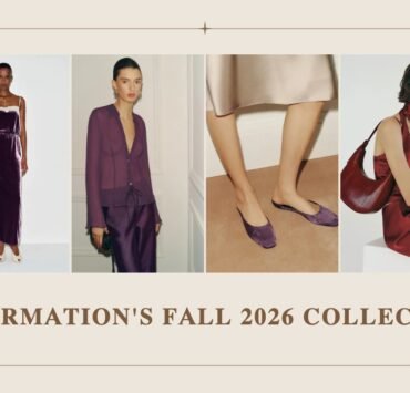 Reformation Fall 2026 collection: velvet dress, violet blouse, satin mules and oxblood bag