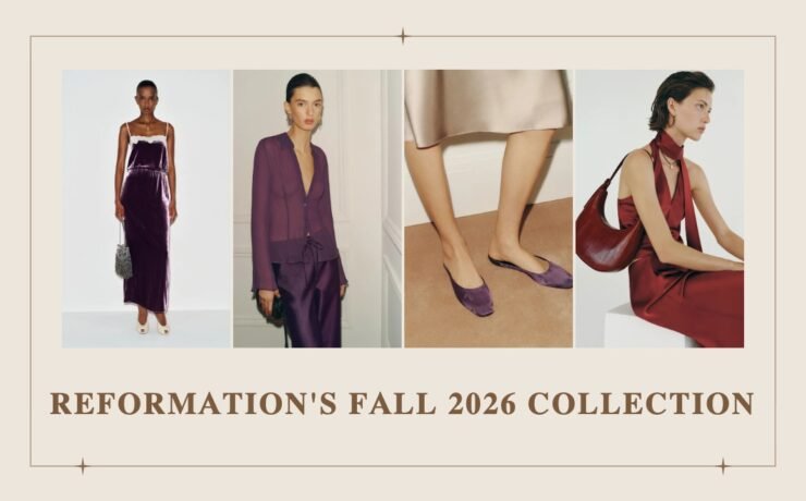 Reformation Fall 2026 collection: velvet dress, violet blouse, satin mules and oxblood bag