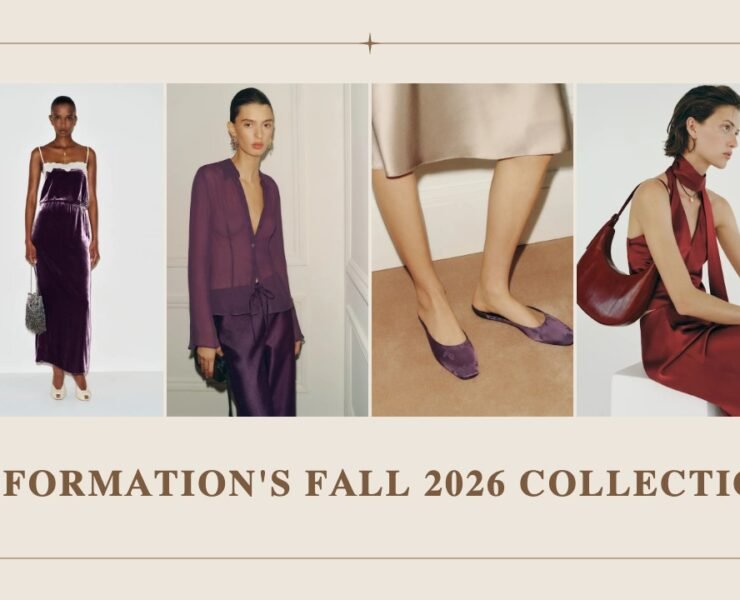 Reformation Fall 2026 collection: velvet dress, violet blouse, satin mules and oxblood bag