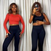 Wearing the Pursue Fitness Move Long Sleeve Crop Top in Burnt Red and the ADAPT Seamless Sports Bra with ADAPT Seamless Leggings in Blackout