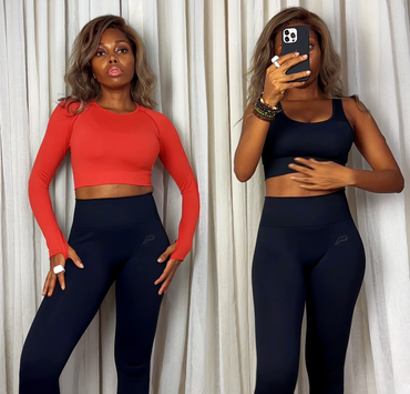 Wearing the Pursue Fitness Move Long Sleeve Crop Top in Burnt Red and the ADAPT Seamless Sports Bra with ADAPT Seamless Leggings in Blackout