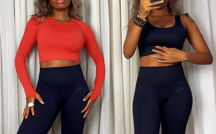 Wearing the Pursue Fitness Move Long Sleeve Crop Top in Burnt Red and the ADAPT Seamless Sports Bra with ADAPT Seamless Leggings in Blackout