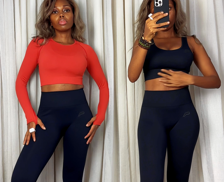 Wearing the Pursue Fitness Move Long Sleeve Crop Top in Burnt Red and the ADAPT Seamless Sports Bra with ADAPT Seamless Leggings in Blackout