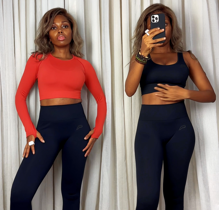 Wearing the Pursue Fitness Move Long Sleeve Crop Top in Burnt Red and the ADAPT Seamless Sports Bra with ADAPT Seamless Leggings in Blackout