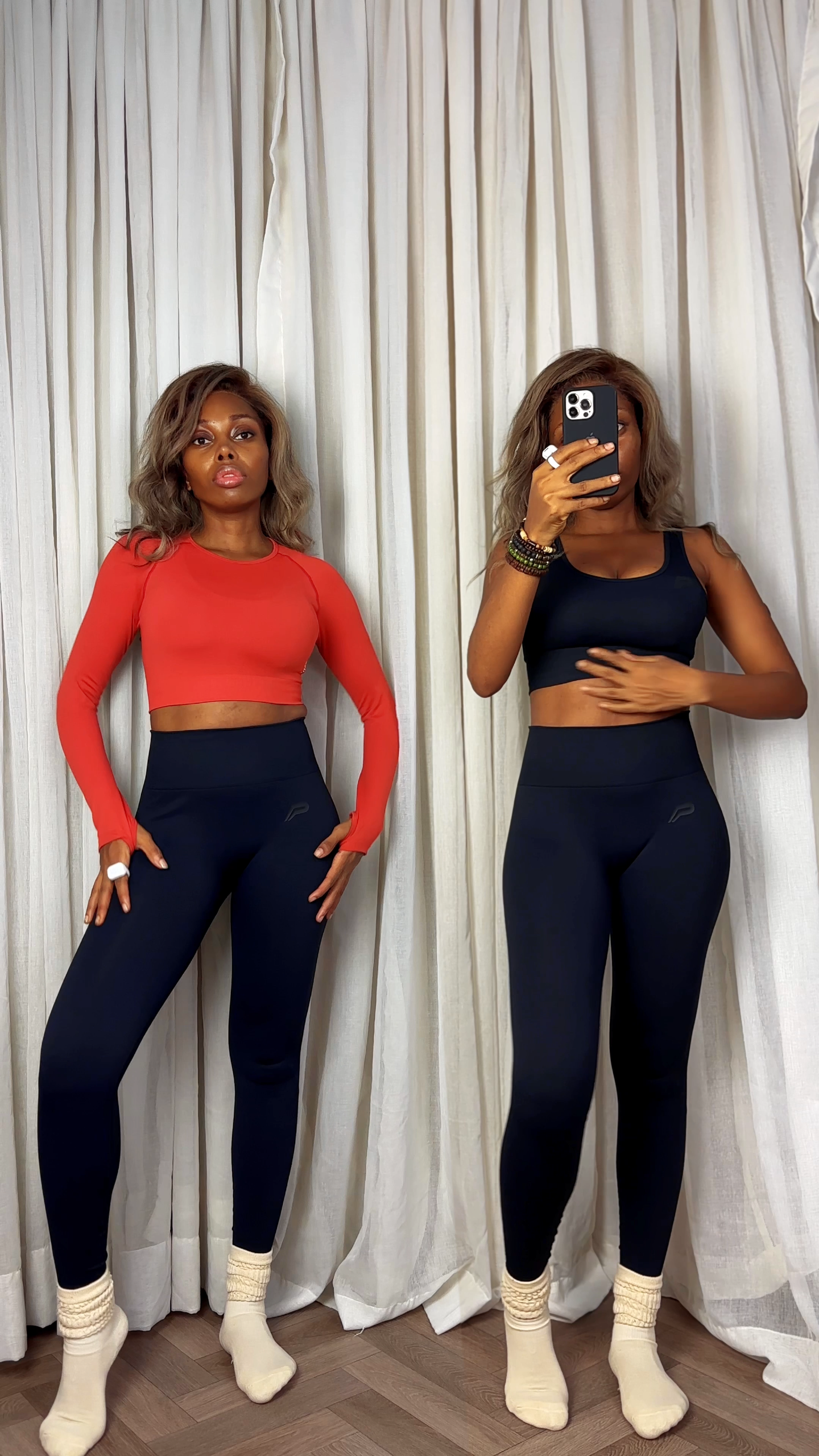 Wearing the Pursue Fitness Move Long Sleeve Crop Top in Burnt Red and the ADAPT Seamless Sports Bra with ADAPT Seamless Leggings in Blackout