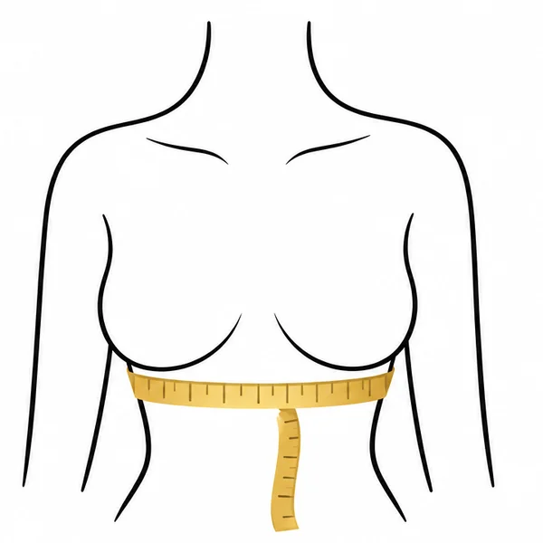 Line drawing showing a measuring tape wrapped snugly around the ribcage, right under the bust, to measure band size