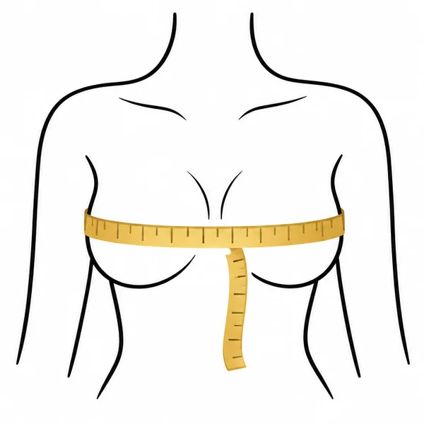 Line drawing showing a measuring tape wrapped around the fullest part of the bust to measure bust size