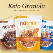 Collage of NuTrail keto nut granola bags on a gold background with the title Keto Granola