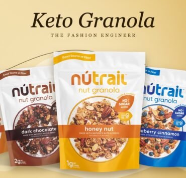 Collage of NuTrail keto nut granola bags on a gold background with the title Keto Granola
