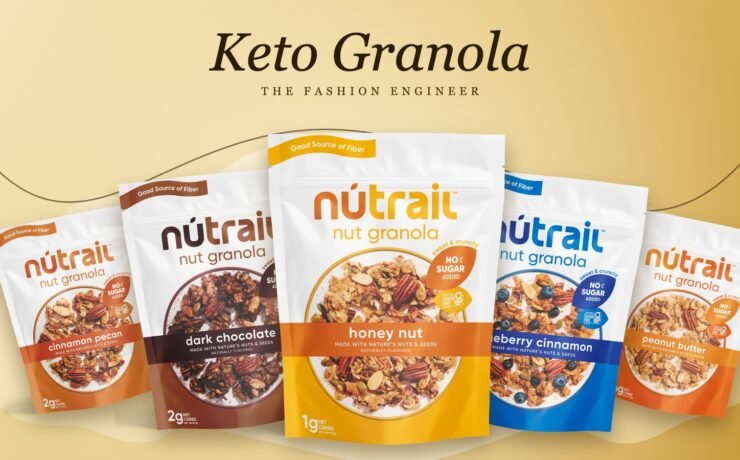 Collage of NuTrail keto nut granola bags on a gold background with the title Keto Granola