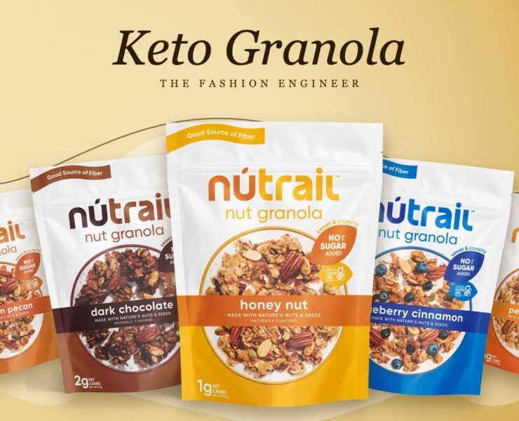 Collage of NuTrail keto nut granola bags on a gold background with the title Keto Granola