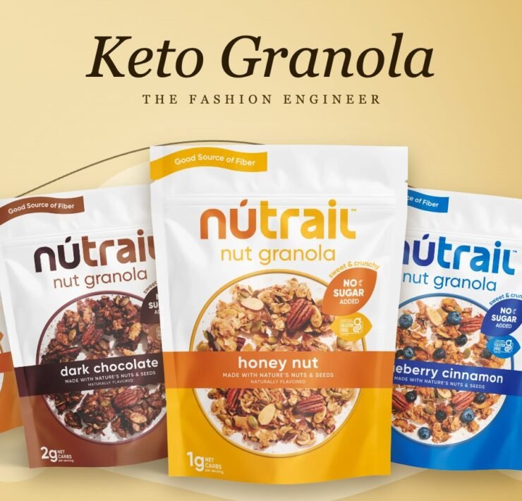 Collage of NuTrail keto nut granola bags on a gold background with the title Keto Granola